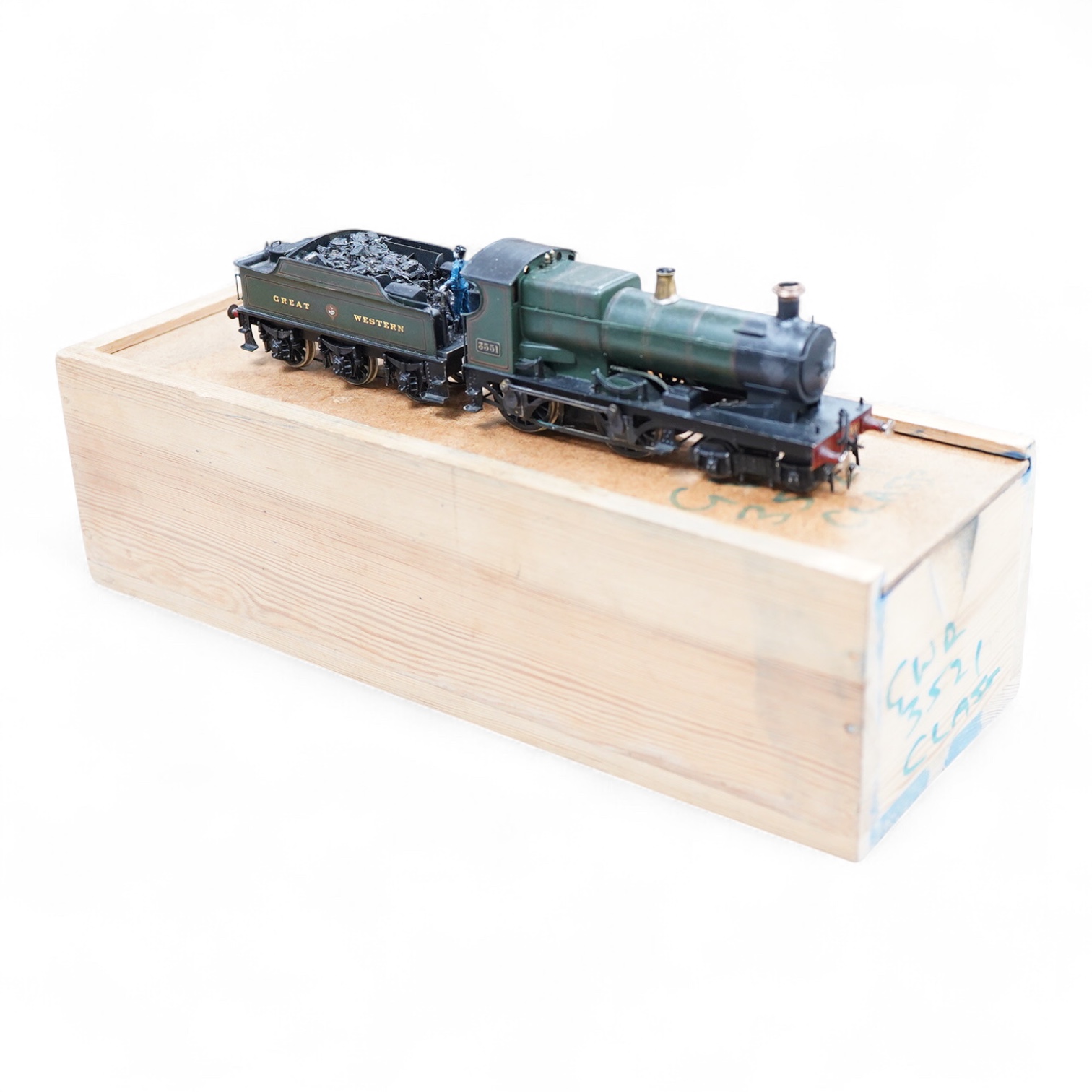 An EM gauge scratch built model railway locomotive by John Worsley, a GWR 3521 Class 4-4-0, 3551, a highly detailed model with opening smoke box door showing the details of the blast pipe and boiler tube ends, sprung buf
